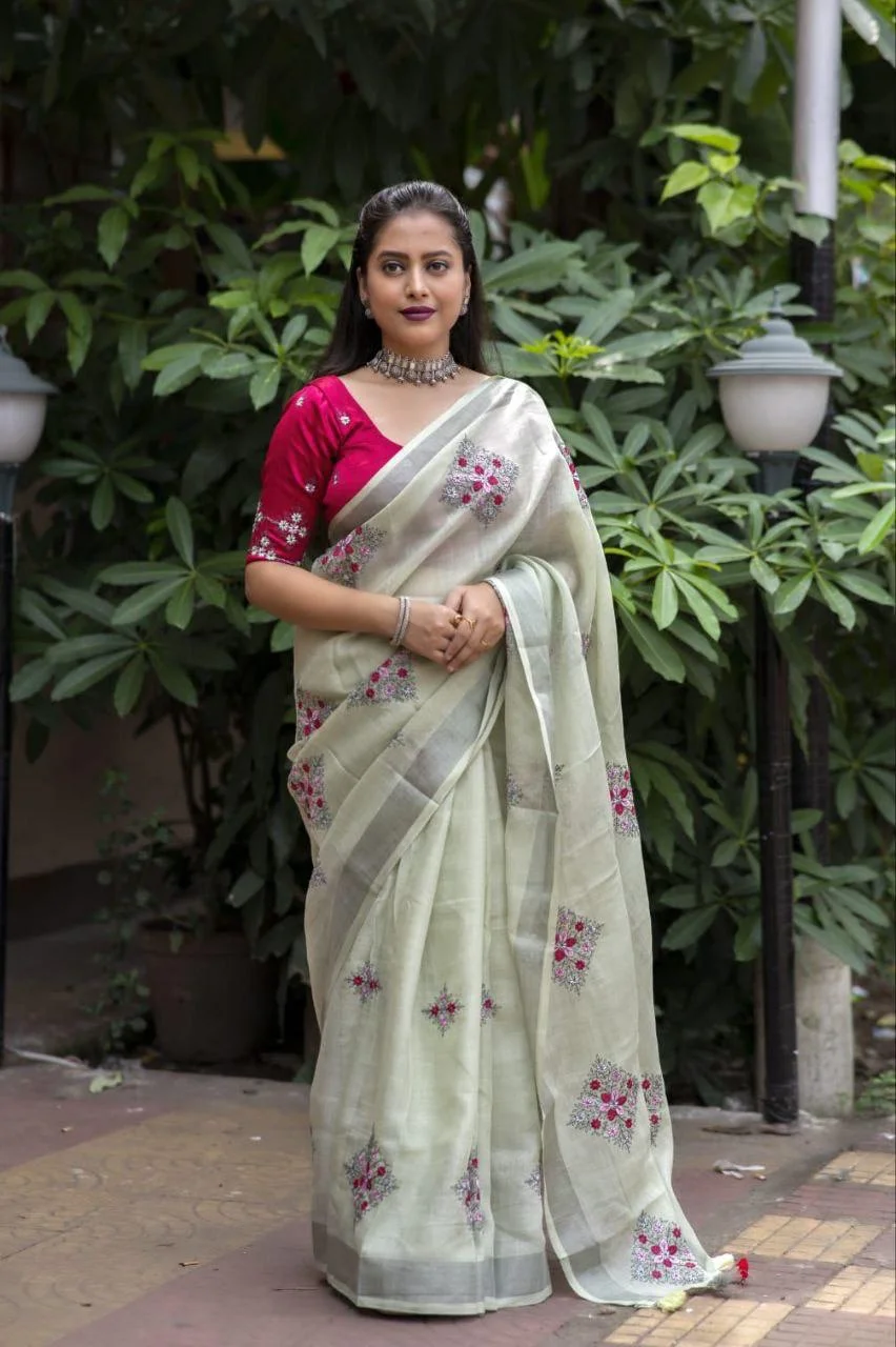 Soft Silver Tassels Linen Cotton Saree